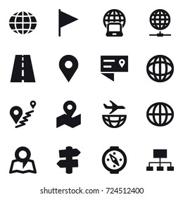 16 vector icon set : globe, flag, notebook globe, globe connect, map, signpost, compass, hierarchy