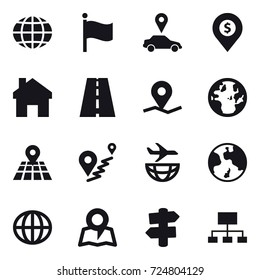 16 vector icon set : globe, flag, car pointer, dollar pin, home, earth, map, signpost, hierarchy