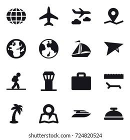 16 vector icon set : globe, plane, journey, earth, sail boat, deltaplane, tourist, airport tower, suitcase iocn, lounger, palm, map, yacht, service bell