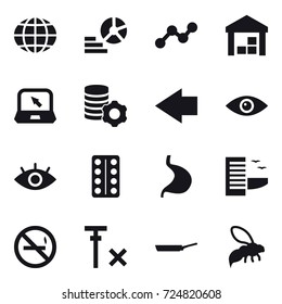 16 vector icon set : globe, diagram, graph, warehouse, notebook, virtual mining, left arrow, hotel, no smoking, pan, wasp
