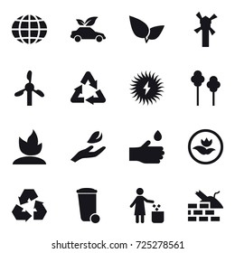 16 vector icon set : globe, eco car, windmill, trees, sprouting, hand leaf, hand drop, ecology, recycling, trash bin, garbage bin, construct garbage