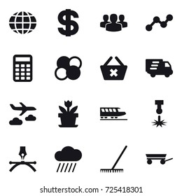 16 vector icon set : globe, dollar, group, graph, calculator, atom core, delete cart, delivery, journey, flower, train, rain cloud, rake, trailer