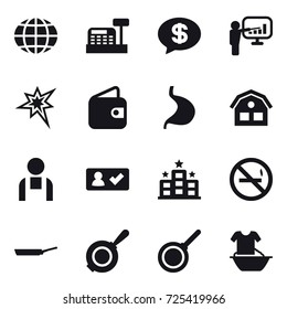 16 vector icon set : globe, cashbox, money message, presentation, bang, wallet, house, check in, hotel, no smoking, pan, handle washing