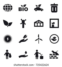 16 vector icon set : globe, bio, eco car, bin, windmill, greenhouse, flower in window, hand leaf, ecology, trash, hand and drop, garbage bin, construct garbage