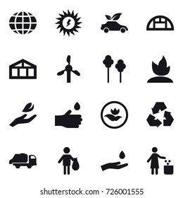 16 vector icon set : globe, sun power, eco car, greenhouse, trees, sprouting, hand leaf, hand drop, ecology, recycling, trash truck, trash, hand and drop, garbage bin