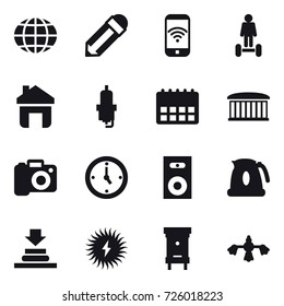 16 vector icon set : globe, pencil, phone wireless, hoverboard, home, spark plug, airport building, camera, watch, speaker, kettle, hive, hard reach place cleaning