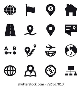16 vector icon set : globe, flag, dollar pin, home, earth, map, compass, hierarchy