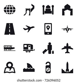 16 vector icon set : globe, greate wall, minaret, plane, train, trailer, passenger, airplane, map, shark flipper, do not distrub