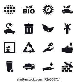 16 vector icon set : globe, bio, sun power, eco car, electric car, bin, windmill, flower in window, hand leaf, hand drop, trash bin, trash truck, hand and drop, construct garbage