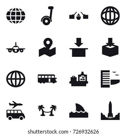 16 vector icon set : globe, drawbridge, bus, baggage checking, hotel, transfer, palm hammock, shark flipper
