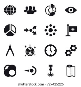 16 vector icon set : globe, group, circle diagram, eye, diagram, core splitting, round around, drawing compass, disco ball, watch, paper towel