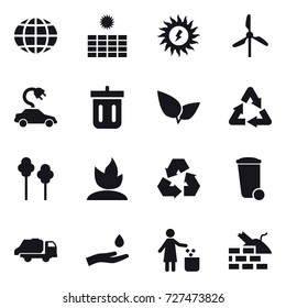 16 vector icon set : globe, sun power, windmill, electric car, bin, trees, sprouting, recycling, trash bin, trash truck, hand and drop, garbage bin, construct garbage