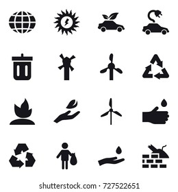 16 vector icon set : globe, sun power, eco car, electric car, bin, windmill, sprouting, hand leaf, hand drop, recycling, trash, hand and drop, construct garbage