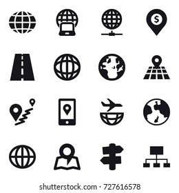 16 vector icon set : globe, notebook globe, globe connect, dollar pin, earth, map, signpost, hierarchy