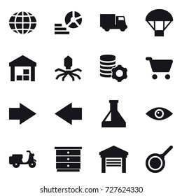 16 vector icon set : globe, diagram, truck, parachute, warehouse, virus, virtual mining, cart, right arrow, left arrow, chest of drawers, garage, pan