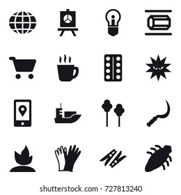16 vector icon set : globe, presentation, bulb, nanotube, cart, hot drink, trees, sickle, sprouting, gloves, clothespin, bug