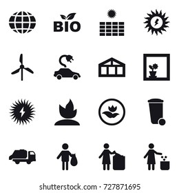 16 vector icon set : globe, bio, sun power, windmill, electric car, greenhouse, flower in window, sprouting, ecology, trash bin, trash truck, trash, garbage bin