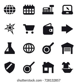 16 vector icon set : globe, calendar, cashbox, notebook, bang, cart, wallet, right arrow, pan, garage, house, handle washing