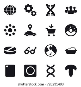 16 vector icon set : globe, gear, dna, group, round around, car pointer, add to cart, donut, earth, washing, cutting board, ring button