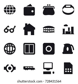 16 vector icon set : globe, wallet, purse, smart bracelet, home, airport building, city, power switch, ring button, kettle