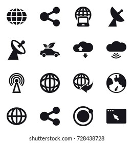 16 vector icon set : globe, share, notebook globe, satellite antenna, eco car, cloude service, cloud wireless, antenna, earth