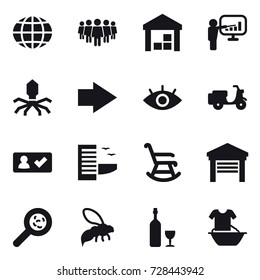 16 vector icon set : globe, team, warehouse, presentation, virus, right arrow, check in, hotel, rocking chair, garage, viruses, wasp, wine, handle washing