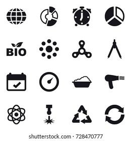 16 vector icon set : globe, circle diagram, alarm clock, diagram, bio, round around, spinner, drawing compass, barometer, washing, hair dryer, reload