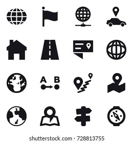 16 vector icon set : globe, flag, globe connect, car pointer, home, earth, map, signpost, compass