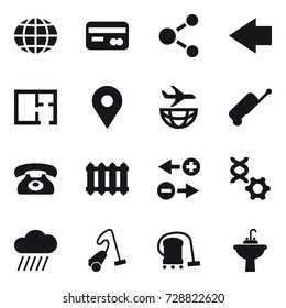 16 vector icon set : globe, card, molecule, left arrow, plan, suitcase, phone, radiator, rain cloud, vacuum cleaner, water tap sink