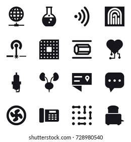 16 vector icon set : globe connect, round flask, wireless, fingerprint, laser, cpu, nanotube, cardio chip, spark plug, cooler fan