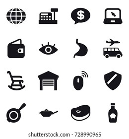 16 vector icon set : globe, cashbox, money message, notebook, wallet, transfer, rocking chair, garage, pan