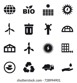 16 vector icon set : globe, bio, sun power, windmill, bin, greenhouse, ecology, recycling, trash truck, hand and drop