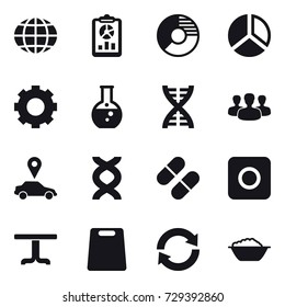 16 vector icon set : globe, report, circle diagram, diagram, gear, round flask, dna, group, car pointer, ring button, table, cutting board, reload, foam basin