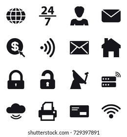 16 vector icon set : globe, 24/7, woman, mail, dollar arrow, wireless, home, lock, unlocked