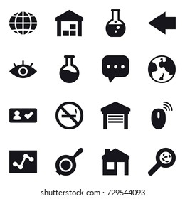 16 vector icon set : globe, warehouse, round flask, left arrow, earth, check in, no smoking, garage, pan, house, viruses