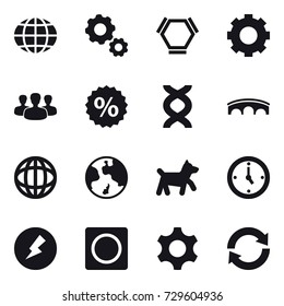 16 vector icon set : globe, gear, hex molecule, group, percent, bridge, earth, dog, watch, electricity, ring button, reload