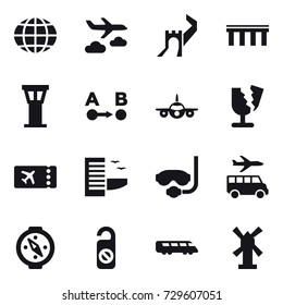 16 vector icon set : globe, journey, greate wall, bridge, airport tower, ticket, hotel, diving mask, transfer, compass, do not distrub, windmill