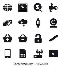 16 vector icon set : globe, money, dollar arrow, satellite, up down arrow, cloude service, smartwatch, web cam, add to basket, remove from basket, unlocked, stairs
