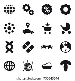 16 vector icon set : globe, gear, percent, round around, car pointer, add to cart, baby stroller, bridge, earth, disco ball, washing
