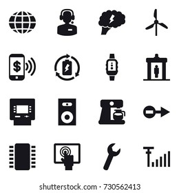16 vector icon set : globe, call center, brain, windmill, phone pay, battery charge, smartwatch, detector, atm, speaker, coffee maker