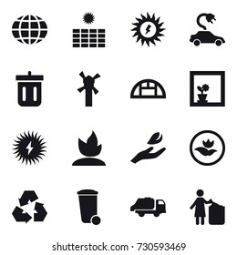 16 vector icon set : globe, sun power, electric car, bin, windmill, greenhouse, flower in window, sprouting, hand leaf, ecology, recycling, trash bin, trash truck, garbage bin