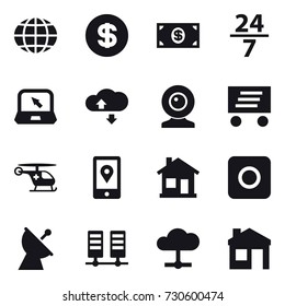 16 vector icon set : globe, dollar, money, 24/7, notebook, cloude service, web cam, delivery, home, ring button, satellite antenna, house