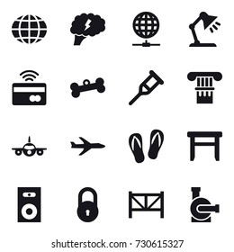 16 vector icon set : globe, brain, globe connect, table lamp, tap to pay, bone, column, plane, flip-flops, stool, speaker, farm fence, water pump