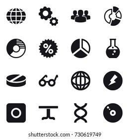 16 vector icon set : globe, gear, group, circle diagram, percent, diagram, round flask, electricity, ring button, table