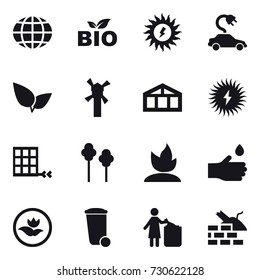 16 vector icon set : globe, bio, sun power, electric car, windmill, greenhouse, trees, sprouting, hand drop, ecology, trash bin, garbage bin, construct garbage