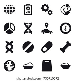 16 vector icon set : globe, report, gear, circle diagram, diagram, dna, car pointer, info, washing, cutting board, foam basin