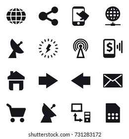 16 vector icon set : globe, share, touch, globe connect, satellite antenna, lightning, antenna, mobile pay, home, right arrow, left arrow, mail, cart