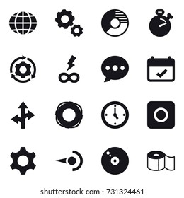 16 vector icon set : globe, gear, circle diagram, stopwatch, around gear, infinity power, ballon, lifebuoy, watch, ring button, toilet paper
