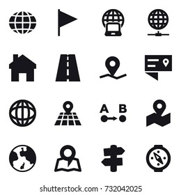 16 Vektorsymbol-Set: Globus, Flagge, Notebook-Globus, Globus-Verbindung, Haus, Erde, Karte, Wegweiser, Kompass