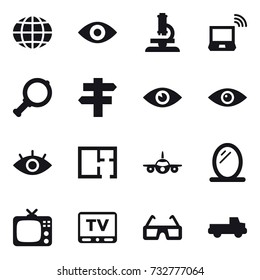 16 vector icon set : globe, eye, microscope, notebook wireless, magnifier, singlepost, plan, mirror, tv, pickup